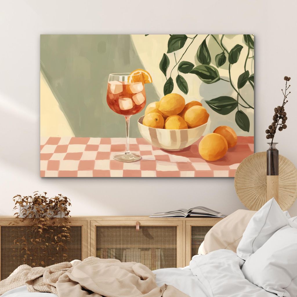 MuchoWow Wanddekoration Metall Metallbild Wandkunst 120x80 cm Zitronen - Glas - Tischtuch - Blockiert MuchoWow Aluminium Gemälde - Alu Bild