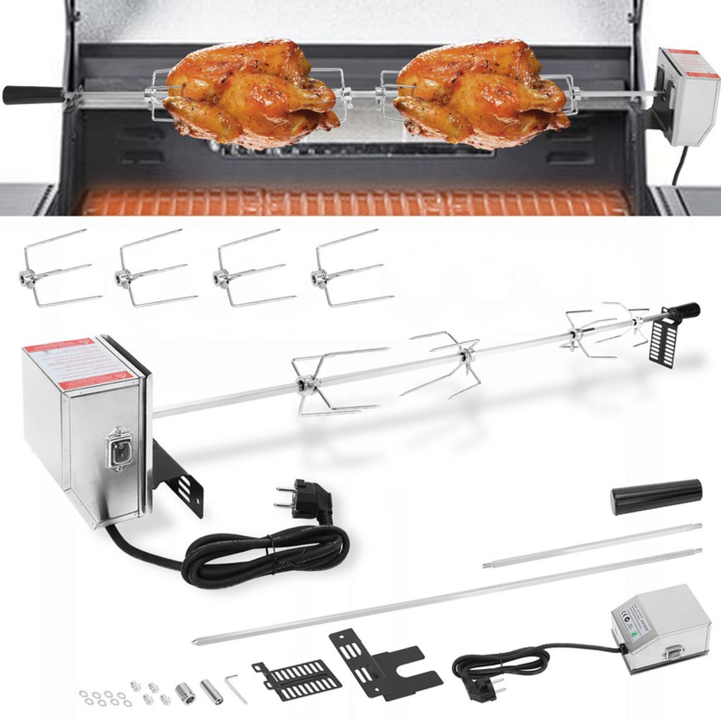 Jopassy BBQ Grillspieß 117cm 220-240V aus Edelstahl 4 Fleischklammern, Drehspieß Rôtisserie Elektrischer Drehspieß Rotisserie Drehspiess Camping