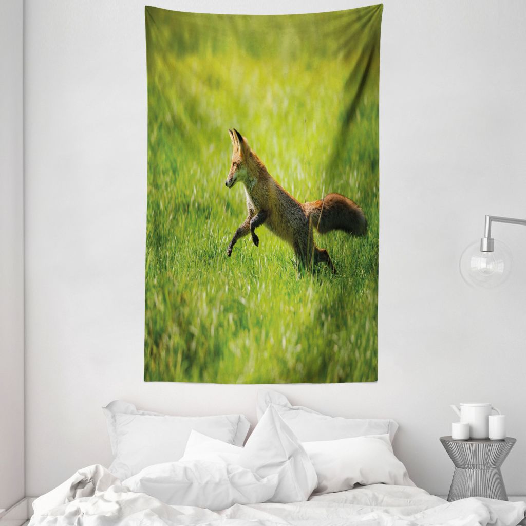 ABAKUHAUS Fuchs Wandteppich und Tagesdecke, Springen Tier frisches Gras aus Weiches Mikrofaser Stoff Waschbar ohne Verblassen Digitaldruck, 140 x 2...