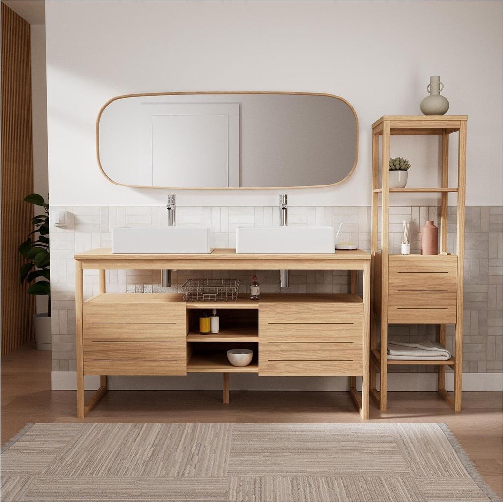 140 cm Doppelwaschbecken-Set + Waschbecken + Wasserhähne + Spiegel + ATOLL-Säule