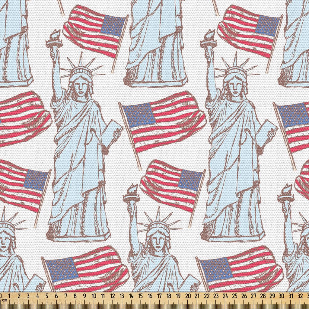 ABAKUHAUS 4. Juli Gewebe als Meterware, Skizzieren Sie Freiheitsstatue und Flaggensymbole vom Führer der Freien Welt, 3 M (148 x 300 cm), Blassbla...