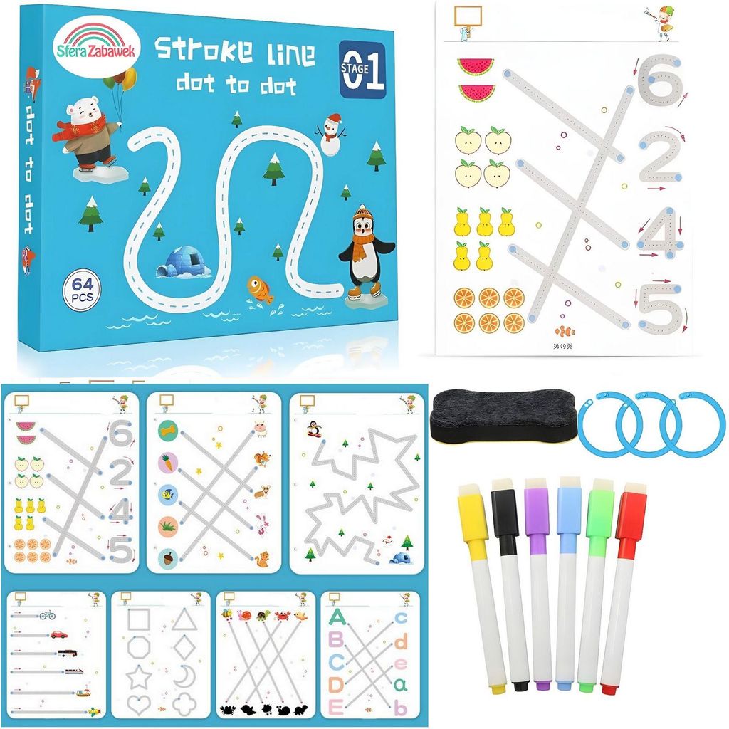 A collage of educational materials for children, including a box of stroke line dot-to-dot cards, practice sheets, dry-erase markers, and an eraser.