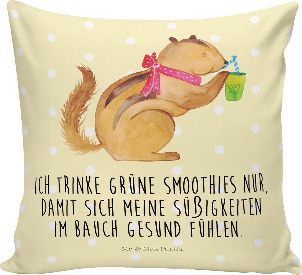 Mr. & Mrs. Panda zier kissen Eichhörnchen Smoothie - Gelb Pastell - Geschenk, Diät, Abnehmen, 40x40, Sofakissen, Kuschelkissen, Lustige Sprüche,...