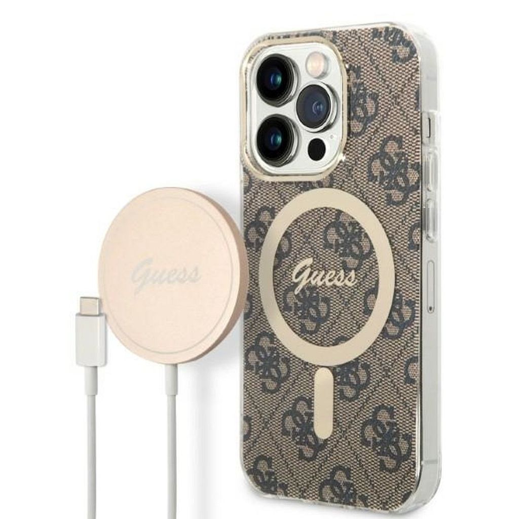 Guess 4G MagSafe Compatible Case + Wireless Charger für iPhone 14 Pro braun