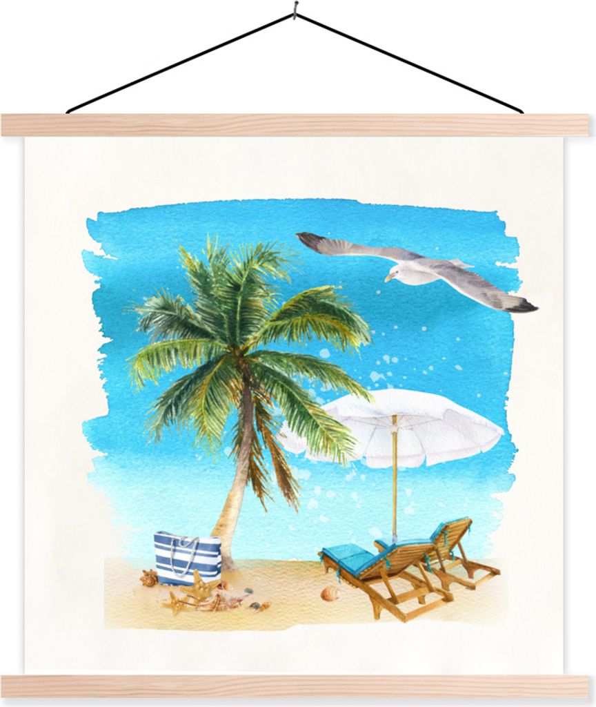 MuchoWow Textilposter Strandkorb - Sonnenschirm - Palme 40x40 cm mit holzfarbenen Rahmen - Posterleiste