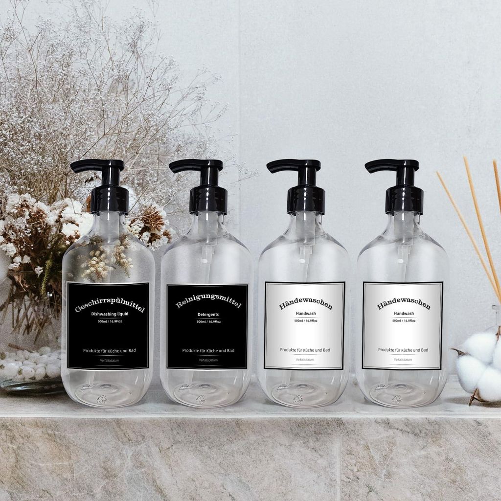 Seifenspender aus Kunststoff, 4er-Set, 300 ml Seifenspender mit Etiketten, Pumpflaschen-Set fürs Badezimmer, Shampooflasche (300 ml transparent)