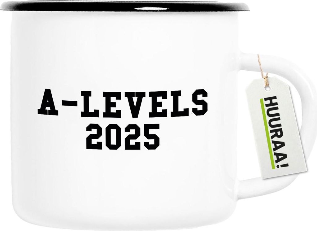 Huuraa Emaille Tasse A-Levels 2025 Abschluss Großbritannien 300ml Vintage Campingbecher Geschenkidee