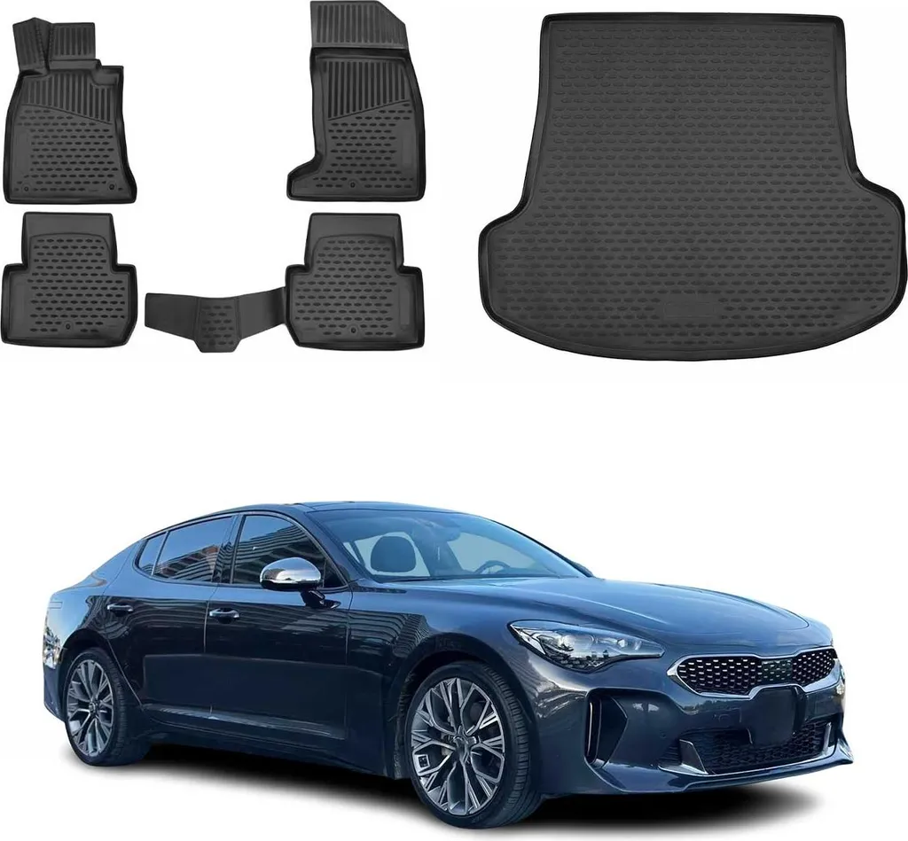 Set Tappetini e Vasca Baule Kia Stinger 2017-2025 in Gomma TPE Nera 5x