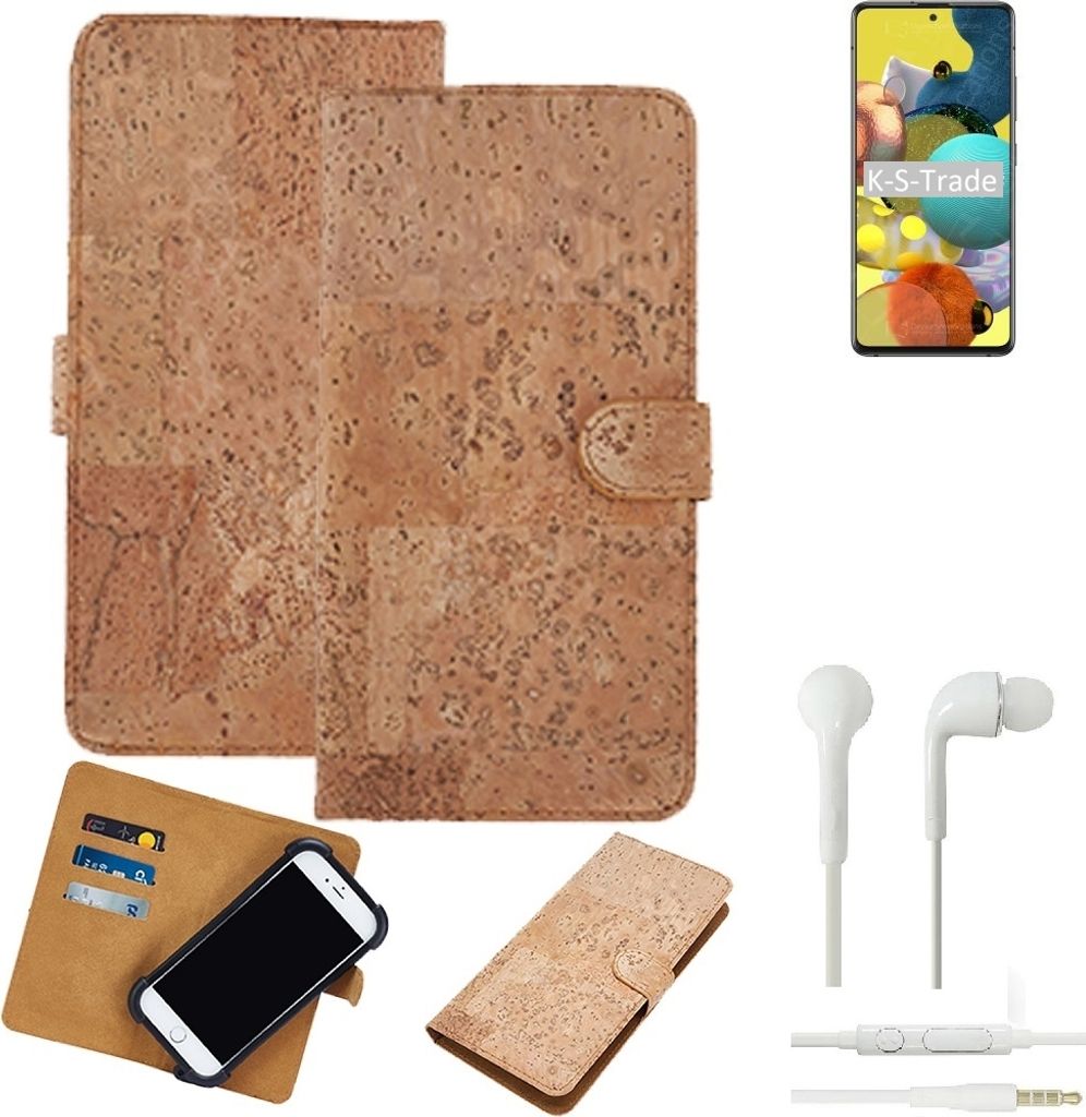 K-S-Trade Hülle kompatibel mit Samsung Galaxy A51 5G + in ear Kopfhörer Kork Handyhülle Cover Schutzhülle TPU Case Bumper in Hellbraun, (1x)