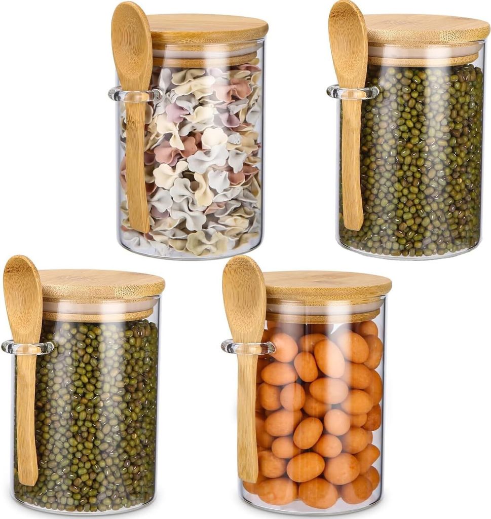 Vorratsgläser mit Deckel und Löffel, 4er-Set 540ml Oats Gläser, Vorratsdosen Glas, Glasbehälter, Meal Prep Glas, Joghurtgläser für Küche Leb...