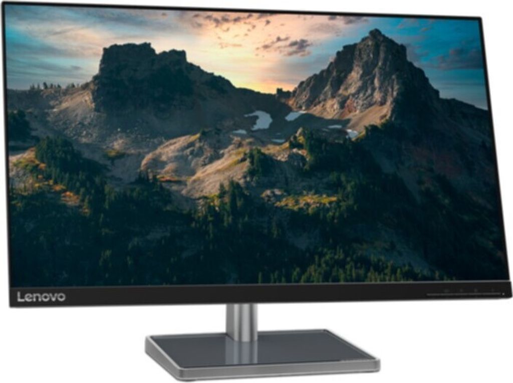 A Lenovo computer monitor is shown against a white background, displaying a mountain landscape.