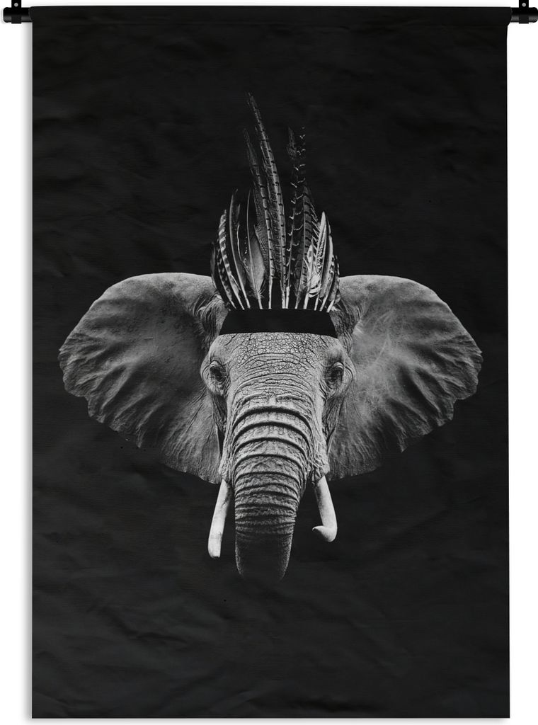 MuchoWow Wandteppich Wandbehang Elefant mit indischem Käfig vor schwarzem Hintergrund - schwarz und weiß 90x135 cm Tapisserie Dekoration Wandtu...