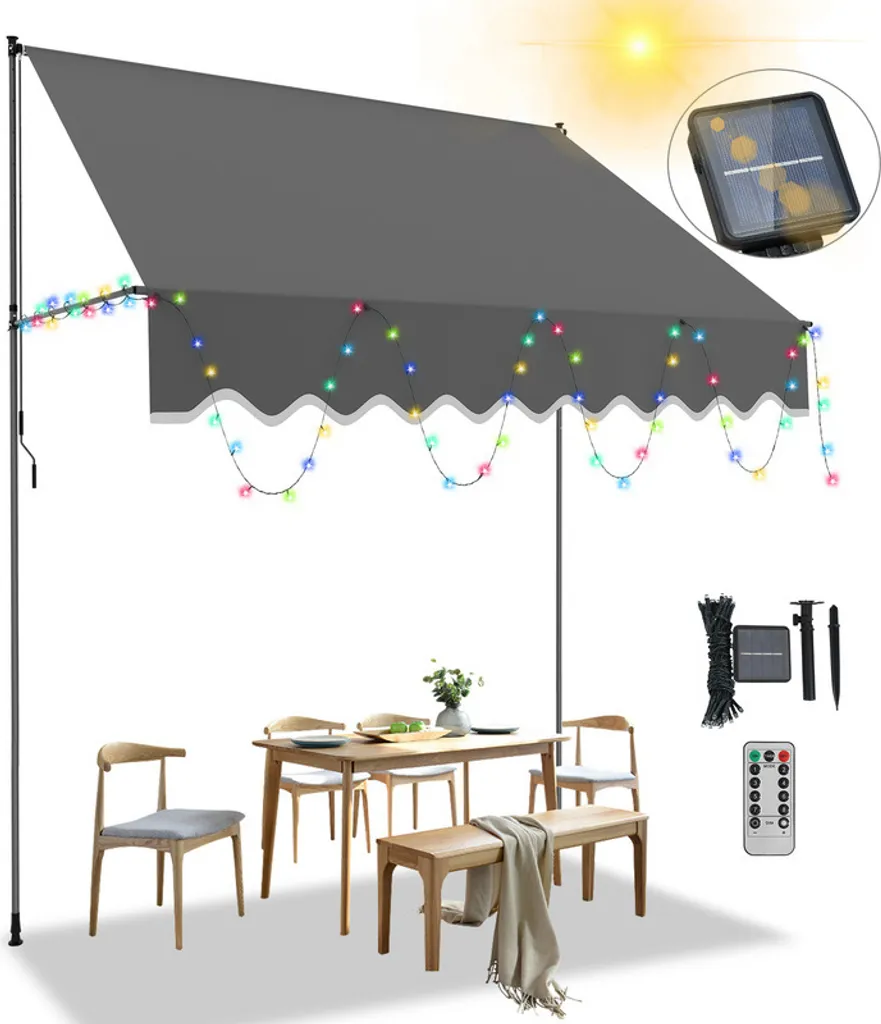 Jopassy Tenda a Morsetto LED 300cm Grigio per Balcone e Terrazzo