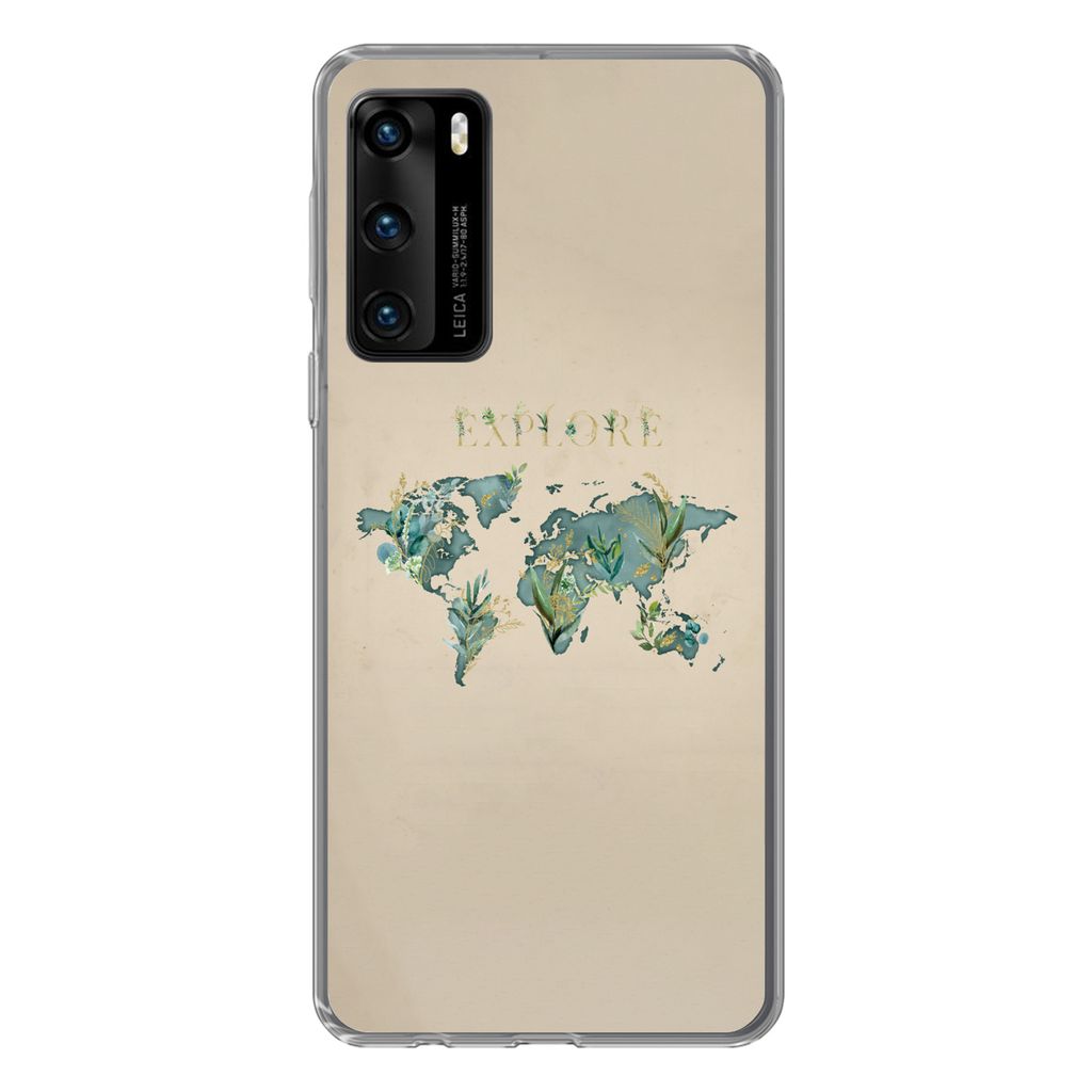 MuchoWow Handyhülle Schutzhülle Hülle für Huawei P40 Weltkarte - Pflanzen - Wasser Silikon Softcase Handy Hülle - Handytasche