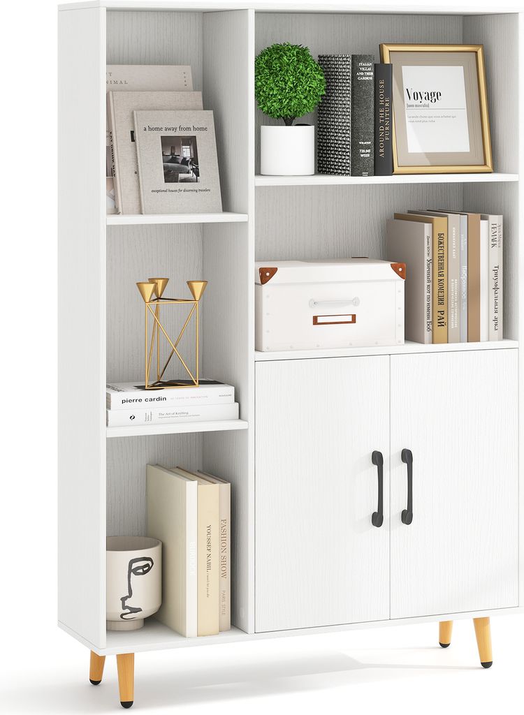 A white bookshelf with various items on its shelves, including books, a plant, and decorative objects.