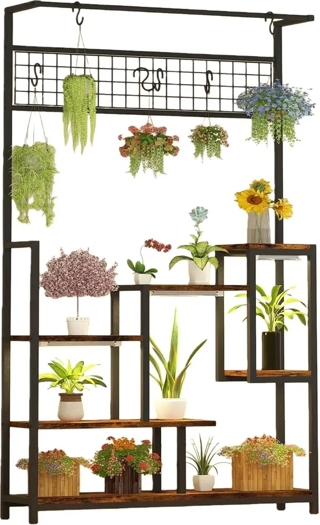 Support plante avec lampe de croissance LED et crochets de suspension or