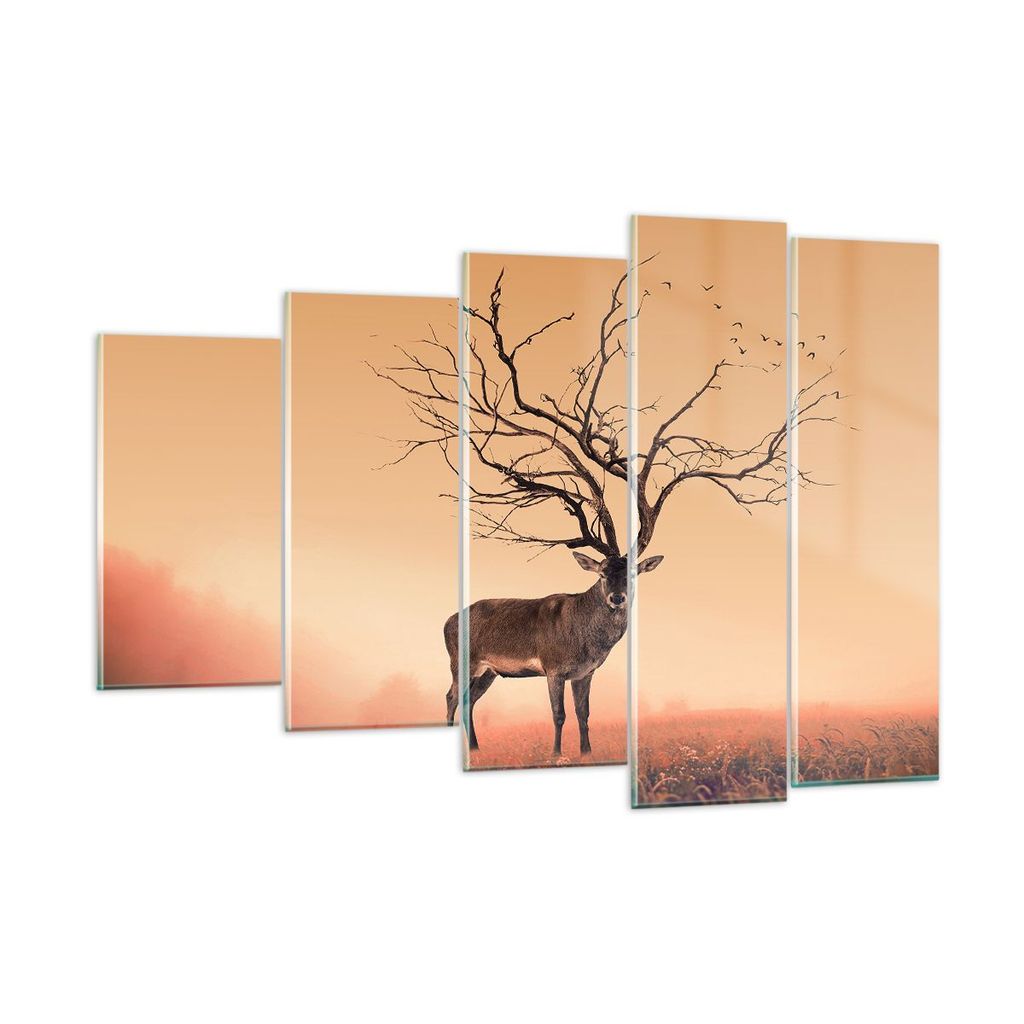 Bilder auf glas - Hirsch Baum Nebel Wald - 150x100cm - Glasbilder - Wandbilder - Kunstdruck - zum Aufhängen bereit - Wanddekoration aus Glas - Gla...