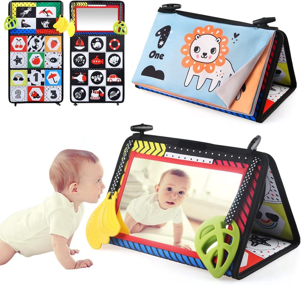 Baby Spielzeug ,Faltbarer Baby Spiegel mit Schwarz Weiß Kontrastmuster,Baby Bücher Kinderwagen Spielzeug ab 0 3 6 12 Monate Geschenk für Jungen ...