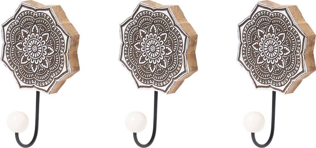 MARRAKESCH 3er Set Wandhaken Haken 16cm Garderobenhaken Hares -2- aus Holz & Metall als Wanddeko (Hexagon)