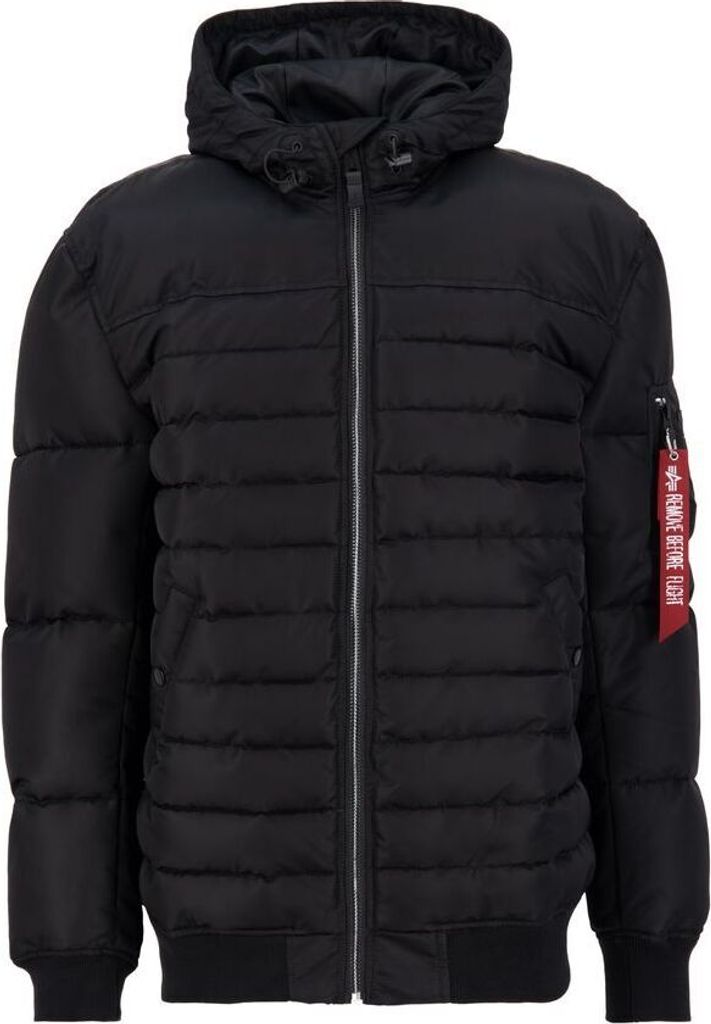 A black puffer jacket with a hood, displayed front-on against a white background.