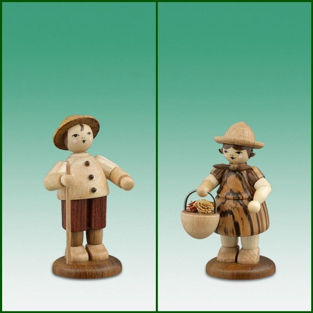 Holzfiguren Bauernpaar mit Wanderstock und Blumenkorb natur Höhe 7cm NEU