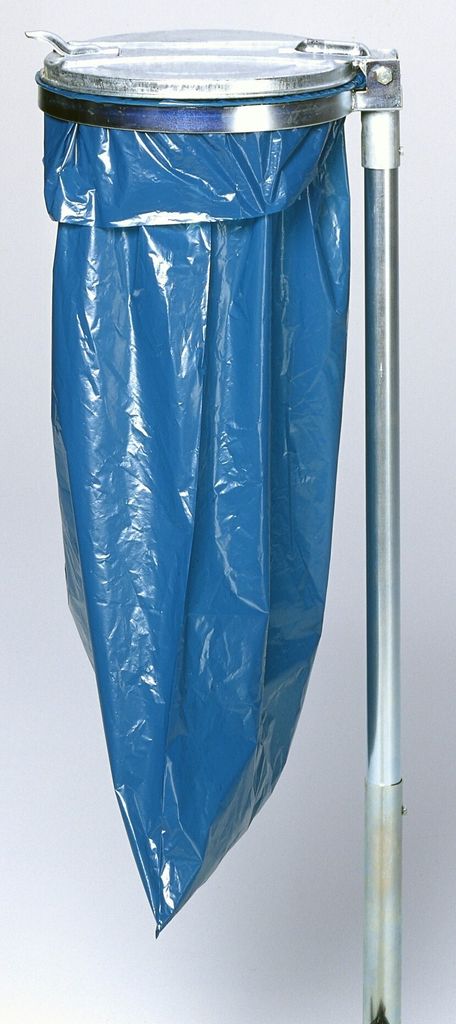 Robuster Einzel-Abfallsammler mit Metall-Deckel | mit Stange | 35cm Einwurföffnung | HxBxT 98x50x45cm | Stahl | Verzinkt-Verzinkt