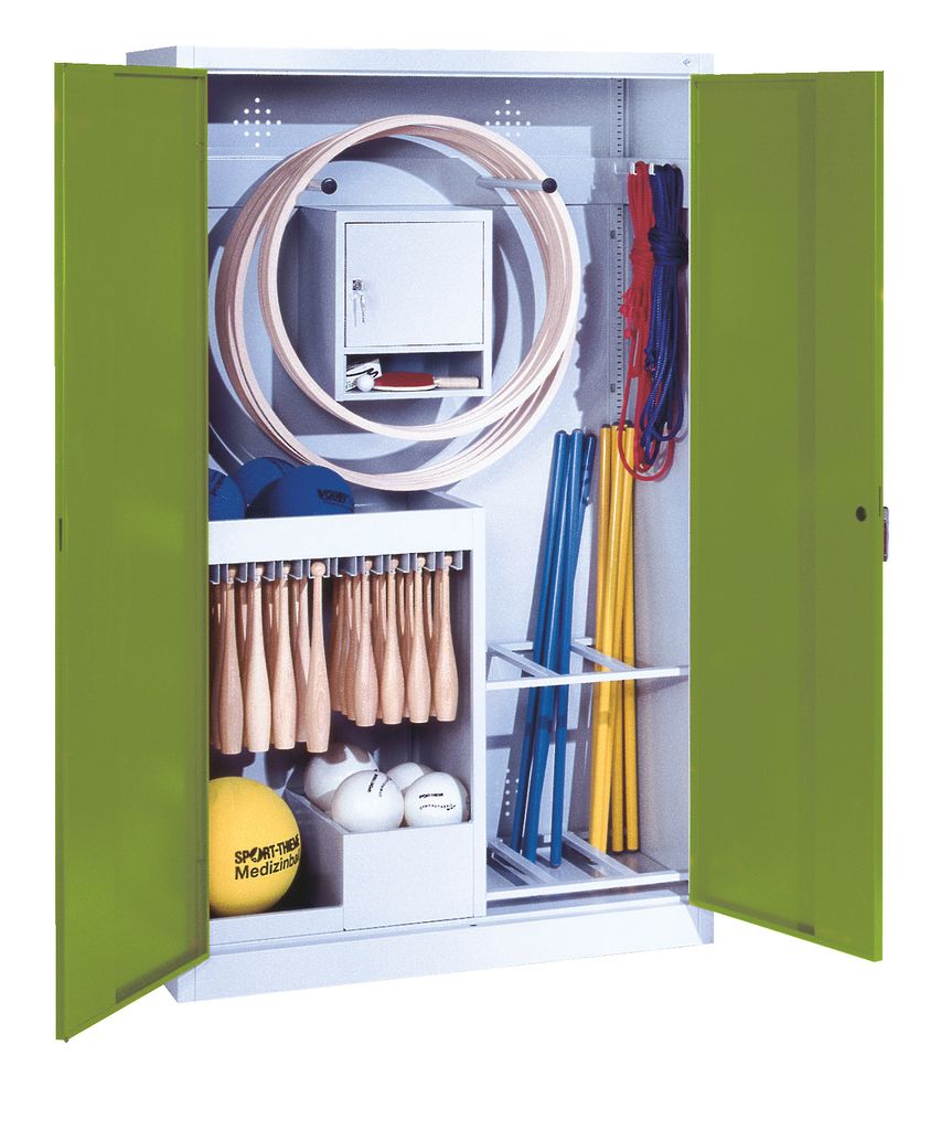 C+P Sportgeräteschrank mit Vollblech-Flügeltüren (Typ 1), HxBxT 195x120x50 cm, Ergo-Lock Muldengriff, Clowngrün (RAL 110 80 60), Lichtgrau (RAL...