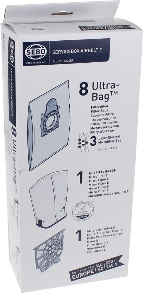 A product box for Sebo vacuum cleaner bags and filters.