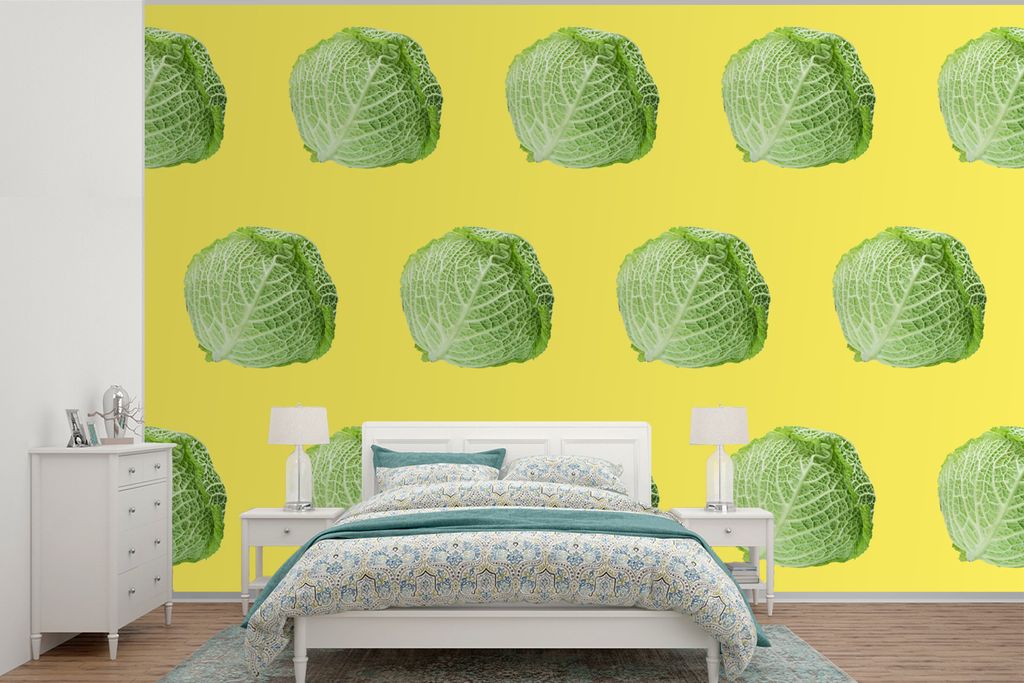 MuchoWow Fototapete für Wohnzimmer oder Schlafzimmer Wandtapete Vinyl Motivtapete Gemüse - Kopfsalat - Muster - Gelb - 525x350 cm - Das Hinterg...