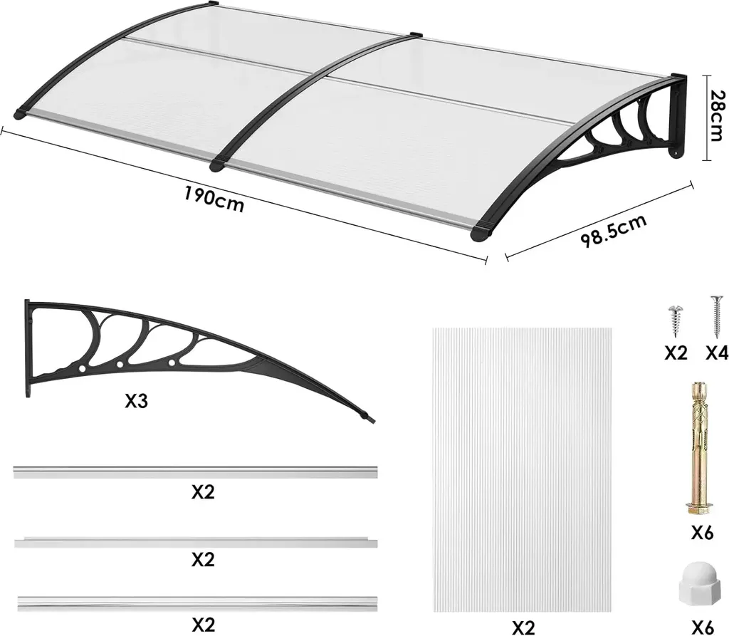 Pensilina per Porta 190x98,5 cm Nera | Tettoia Esterna Resistente UV