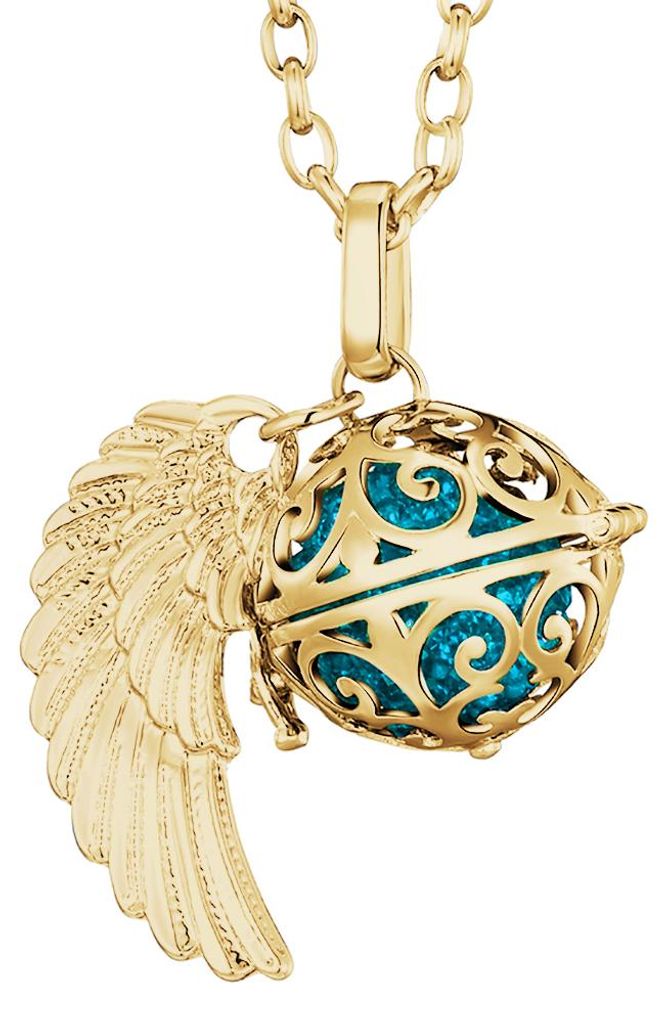 Morella Damen Halskette gold Edelstahl 70 cm mit goldenem Anhänger Engelsflügel und Klangkugel Zirkonia petrol Ø 16 mm in Schmuckbeutel