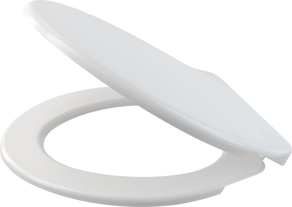 A white toilet seat and lid are shown in an open position against a white background.