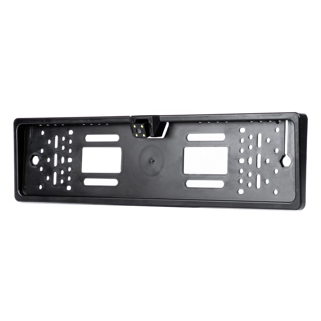 A black license plate frame with a built-in backup camera is shown against a white background.