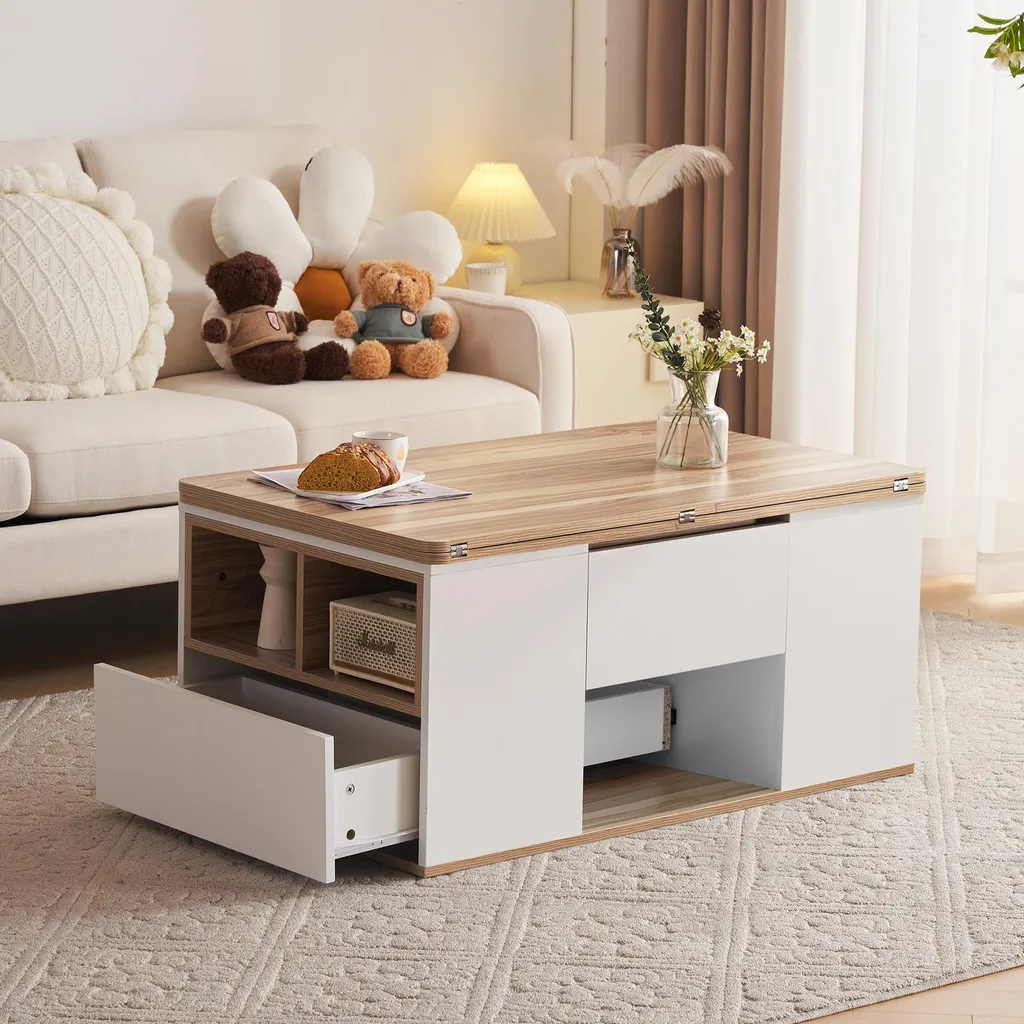 Table Basse Transformable à Double Plateau et Rangement 2 Tiroirs Intégrés - 2