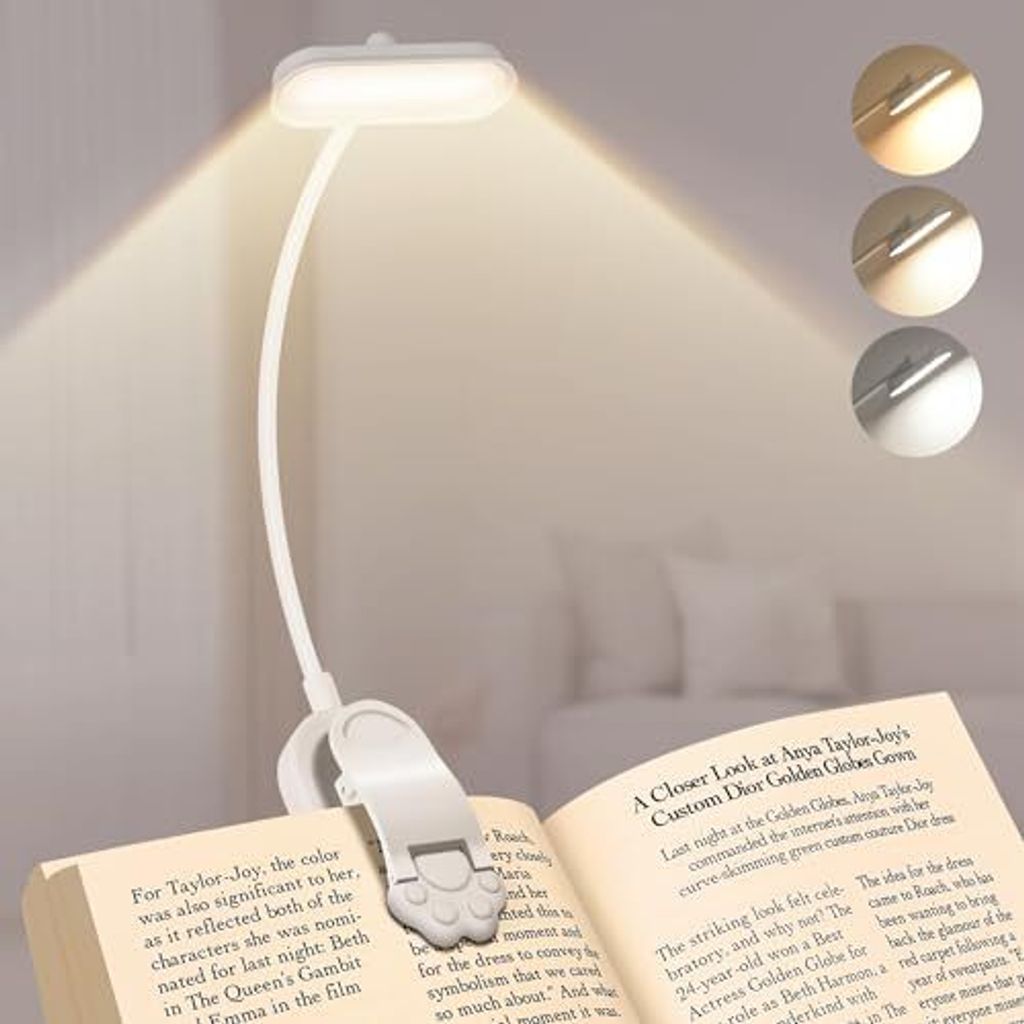 Leselampe Buchklemme 360 ° flexibel, USB C wiederaufladbare 16 LEDs kontinuierliche Dimmen & 3 Farbeinstellungen, Nacht im Bett, weiß