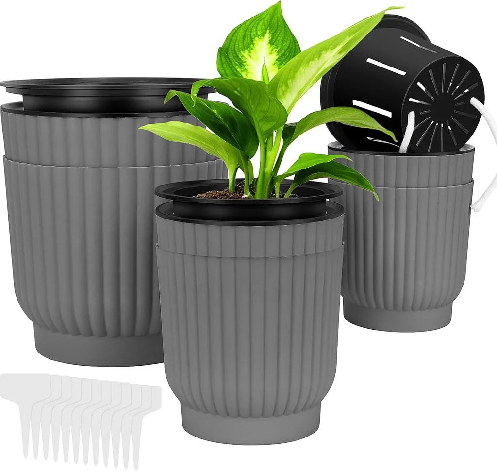 Pots de fleurs avec réserve d'eau gris - Set de 6 bacs multi-tailles