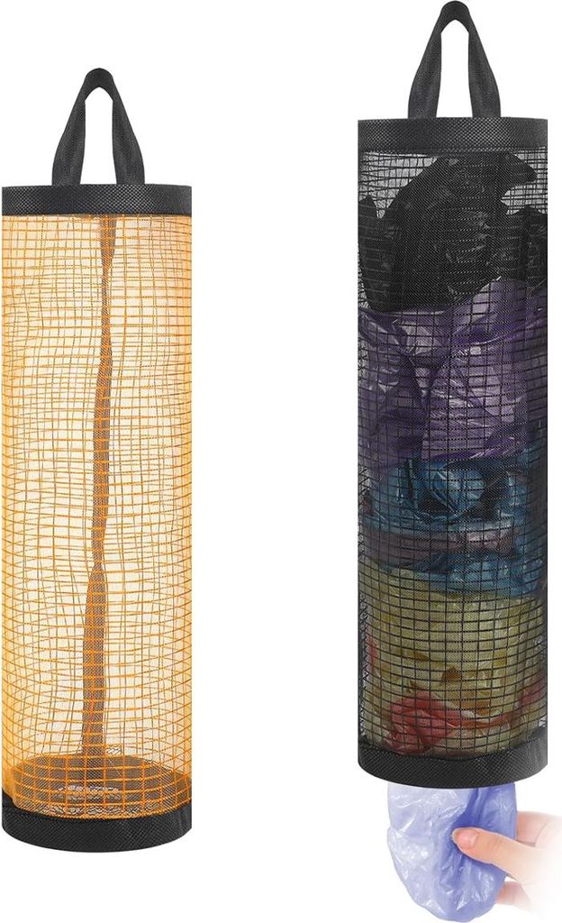 2 Stücke Hängenden Mesh Müll Taschen Veranstalter,Plastiktüten Spender Recycling Lebensmittelgeschäft Taschenbehälter für Küche (gelb+schwarz)