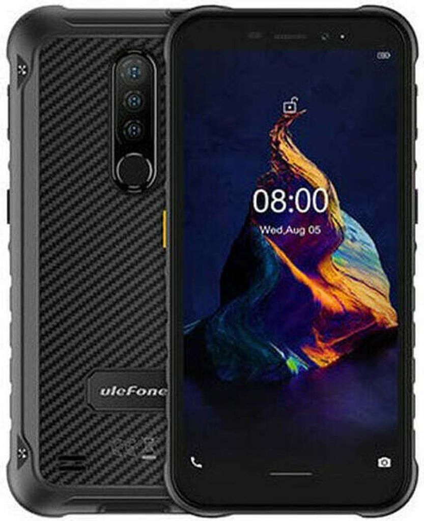 A rugged smartphone is shown from the front and back, displaying its screen and camera setup.