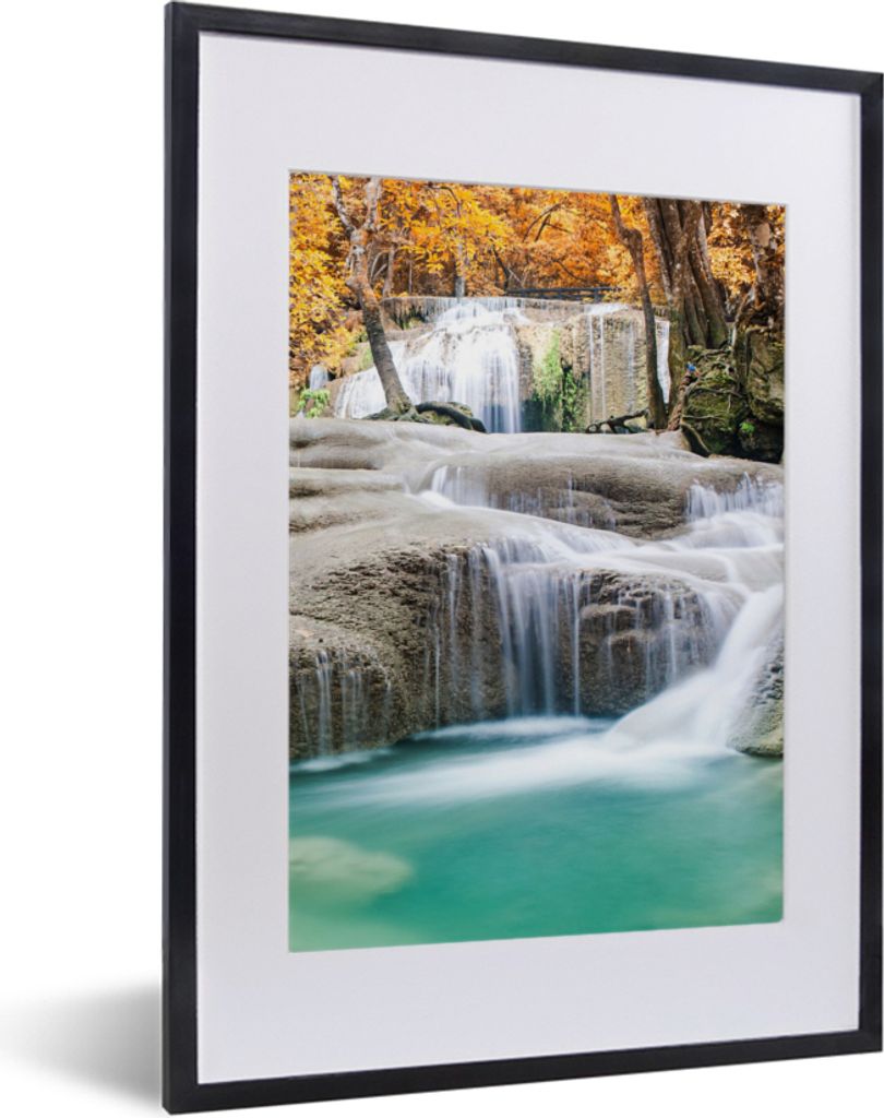 MuchoWow Gerahmtes Poster Wald - Wasserfall - Herbst 30x40 cm - Poster mit Schwarzem Bilderrahmen Wandposter Rahmen Foto Bilder - Wandposter Schl...