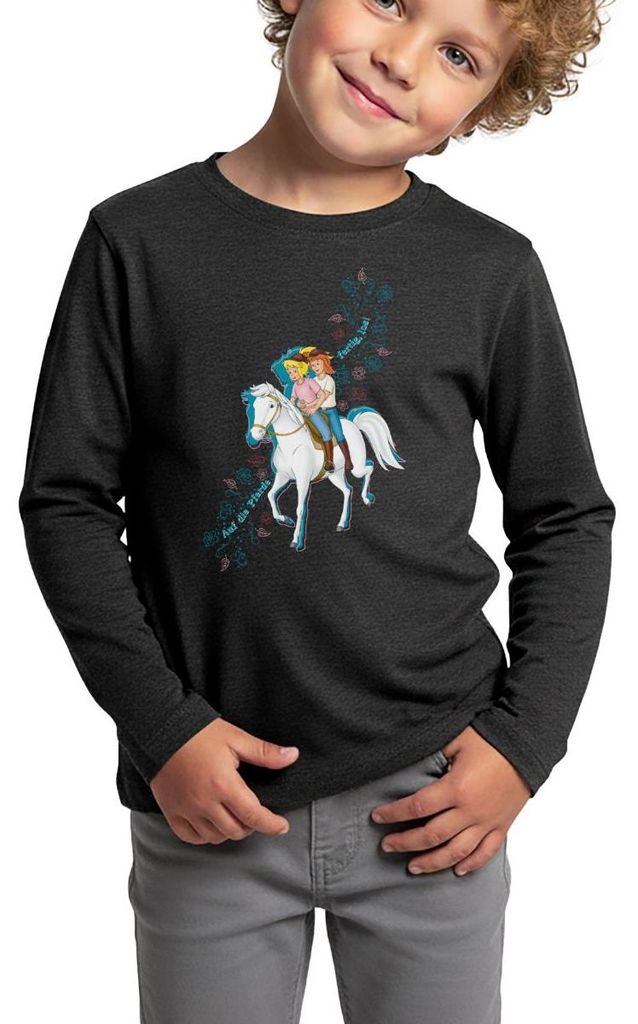 Spreadshirt Bibi Und Tina Auf Die Pferde Fertig Los Kinder Premium Langarmshirt, 110/116 (4 Jahre), Anthrazit meliert