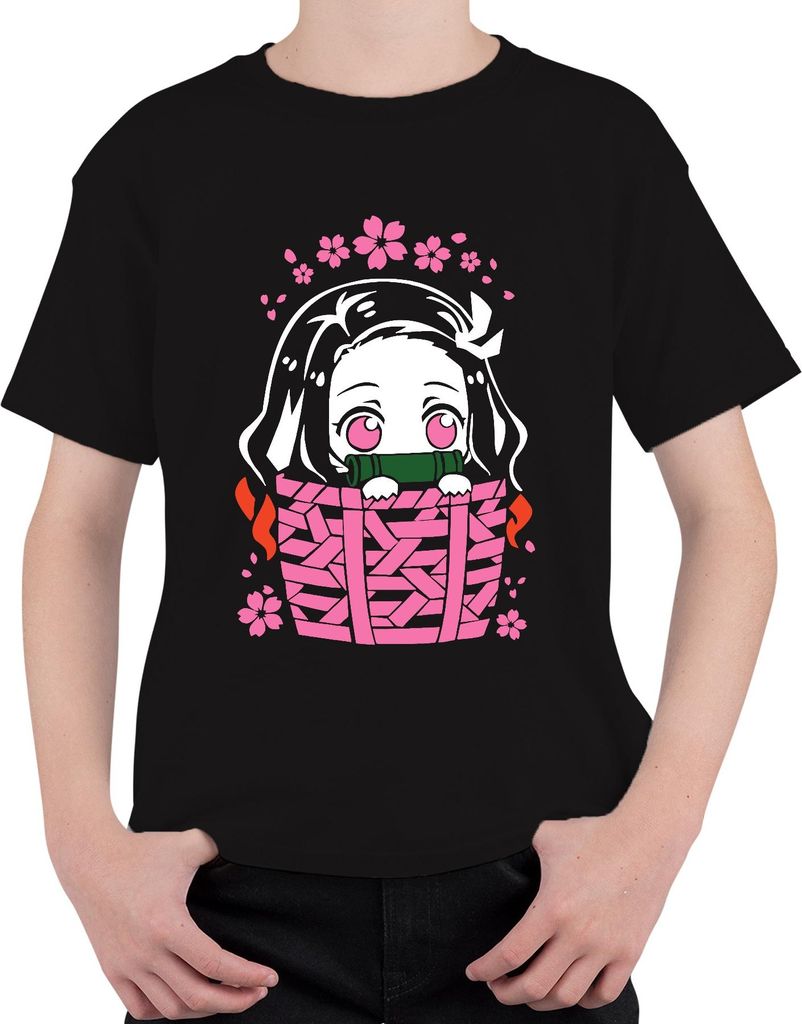Nezuko Kimetsu No Yaiba Anime Kawaii Bambus Korb Sakura Geschenk Uni Kinder T-Shirt, Schwarz, 152