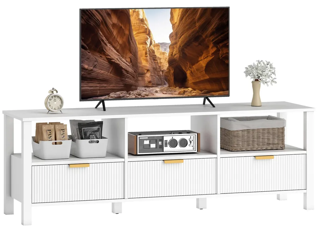 Banc TV blanc 152 cm avec rangements ouverts et tiroirs pour salon chic