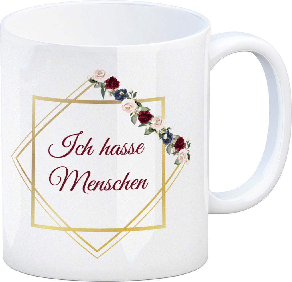 Ich hasse Menschen Kaffeetasse mit goldenem Rahmen und Blumen Tasse Becher mug