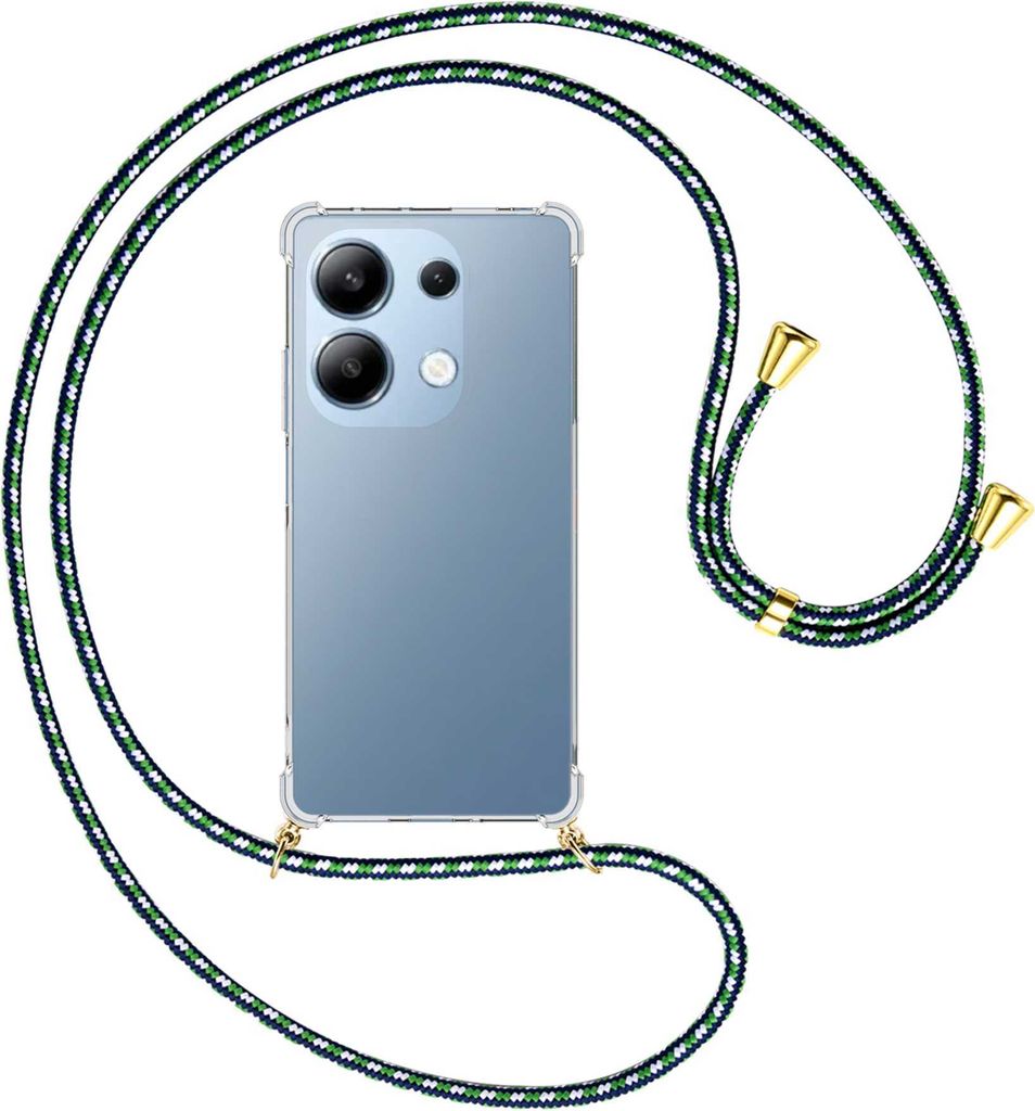Handykette Backcover-Schutzhülle mit Band (Metall goldfarben) für Xiaomi Redmi Note 13 Pro 4G - grün/blau/weiß