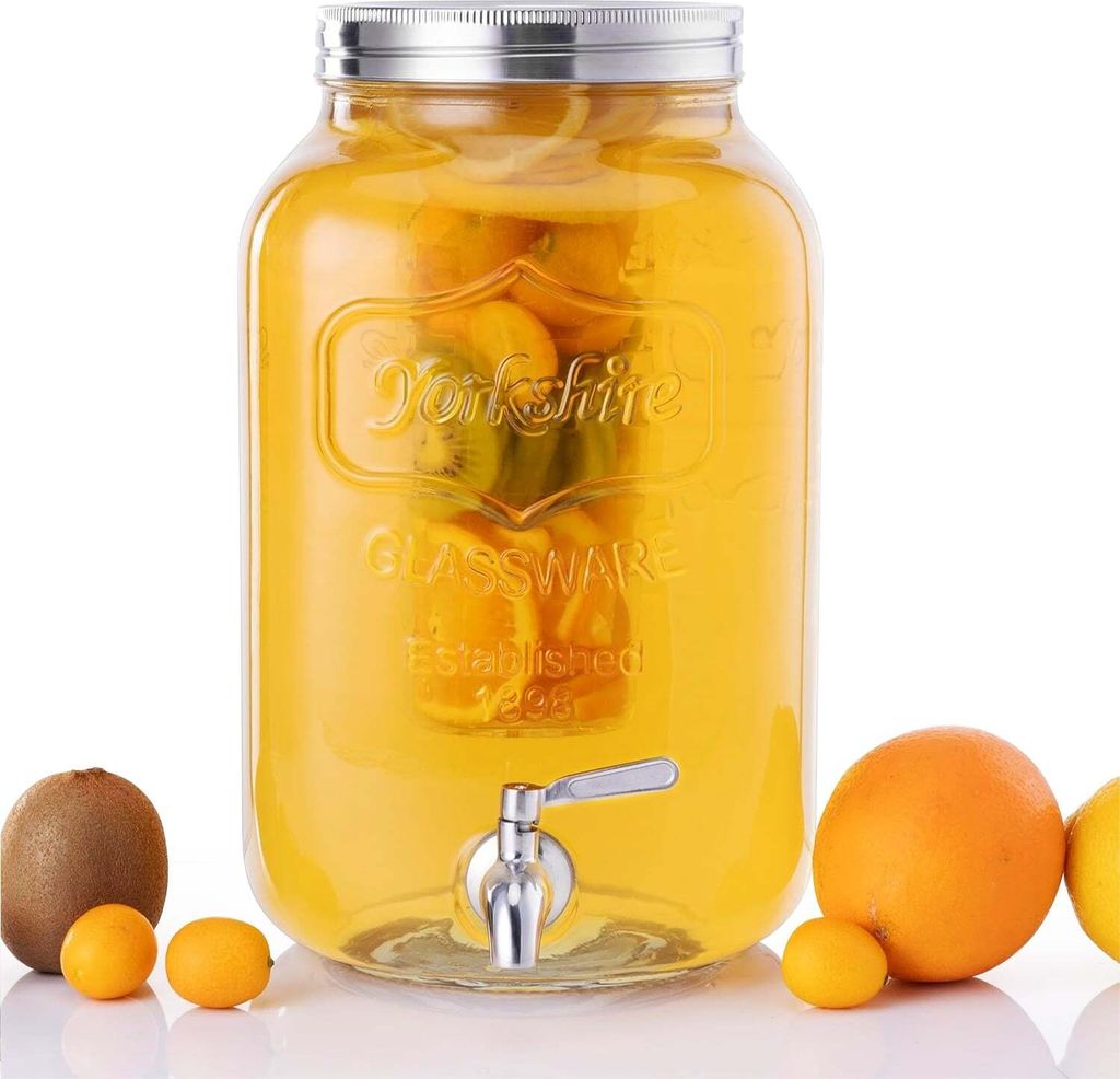 Navaris Getränkespender 8 Liter aus Glas - mit Zapfhahn und Deckel aus Edelstahl - Wasserspender Glasbehälter für kalte Getränke