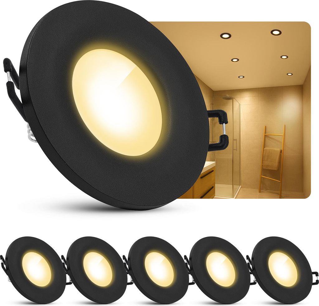 SSC-LUXon 6 Stück BEDA LED Deckenspots schwarz rund IP65 – Lampe aus Aluminium mit 4W fourSTEP Licht warmweiß - Einbaustrahler Für Bad & Flur