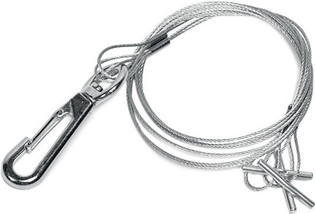 A metal cable with a carabiner hook and two pins, isolated on a white background.