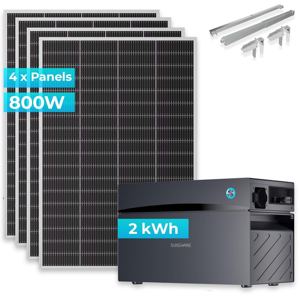 SUNSHARE Ray Lite 800W + 2 kWh Kapazität Balkonkraftwerk-Komplettset Glory Stromspeicher & Halterung – Modular erweiterbares Solarsystem