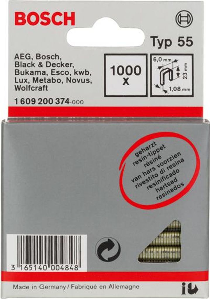 Schmalrückenklammer Typ 55, geharzt 6 x 1,08 x 23 mm, 1000er-Pack