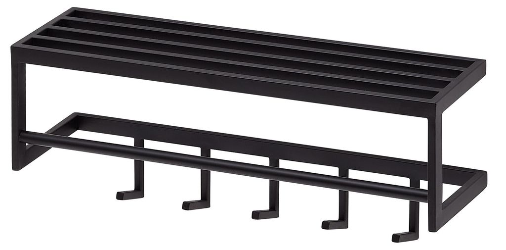 Wandgarderobe Metall Schwarz 70x20x20cm mit Ablage in schwarzem Metall, Gesamtansicht mit Ablagefläche und fünf Haken.